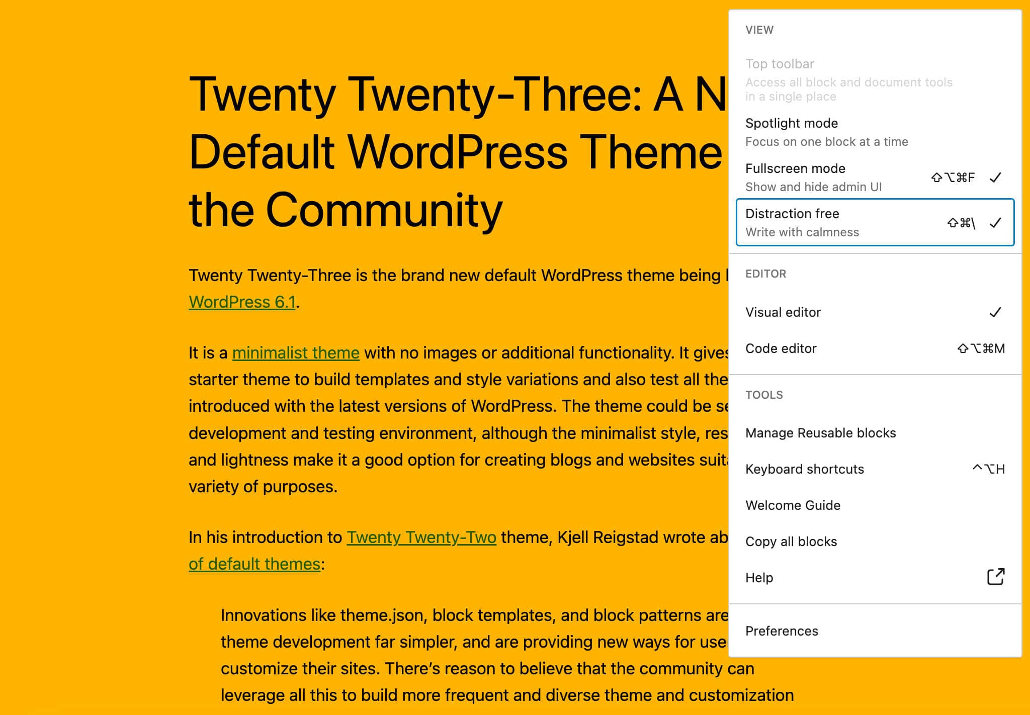 afleidingsvrije modus in WordPress 6.2